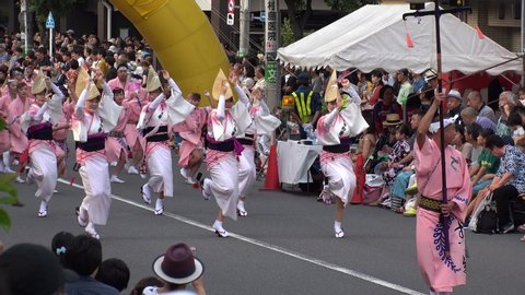 KOENJI, TOKYO, JAPAN - 25 AUGUST 2019 : Scenery of AWA ODORI FESTIVAL. It is a traditional dance festival of Tokushima prefecture. Famous annual Japanese summer event.
