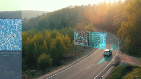 Self Driving car driving on a forest highway with technology assistant tracking information, showing details. Visual effects clip
