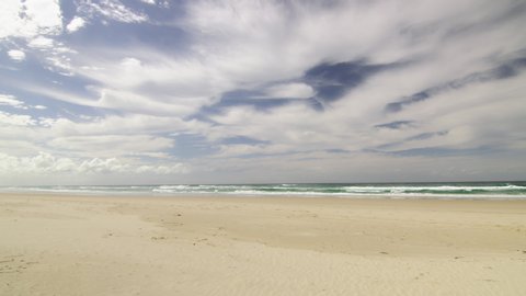 Pan of a beach near the ocean in Australia with cloudy natural lighting. Wide shot on 4k RED camera.