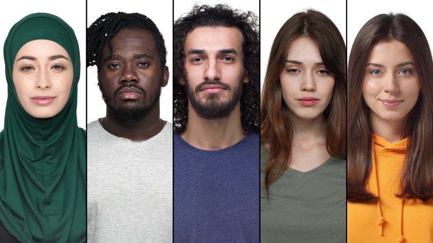 Collage of smiling men and women, diverse races expressing happiness and joy. Multi-ethnic group of people showing positive feelings. Split portrait multicultural team upbeat looking camera | Shutterstock HD Video #1047374008