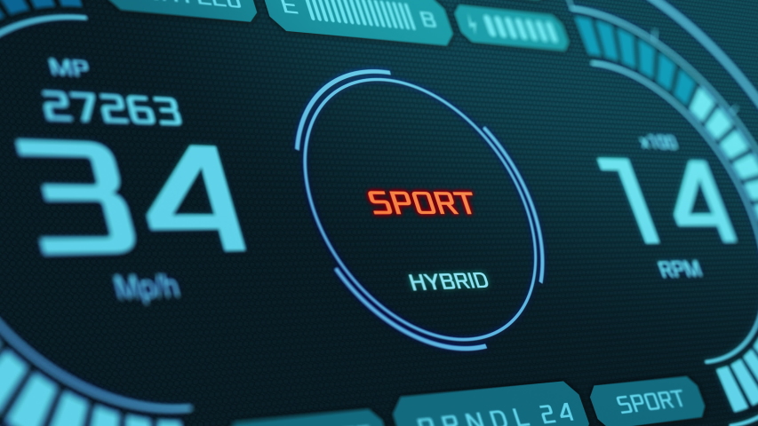Close-up of a futuristic dashboard of a hybrid car, changing drive mode (3d render) | Shutterstock HD Video #1047374521