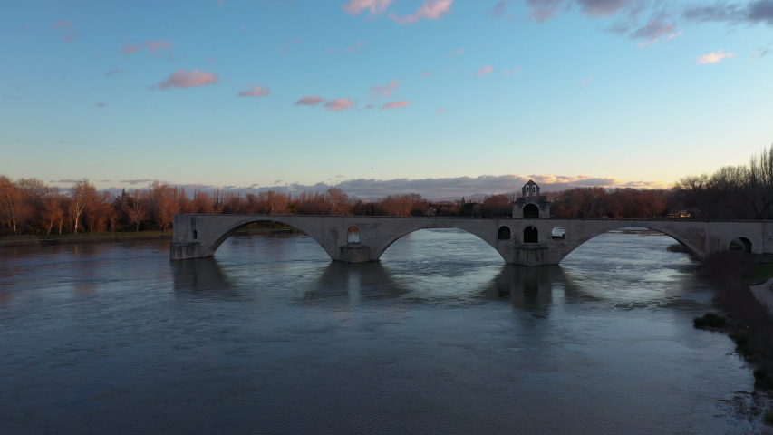 bridge over river Rhone morning drone Avignon France saint-bénézet arches historical 