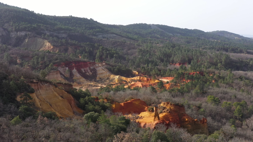 Rustrel mountains red soil and forest landscape aerial Colorado Provencal 