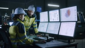 Industry 4.0 Modern Factory: Project Engineer Talks to Female Operator who Controls Facility Production Line, Uses Computer with Screens Showing AI, Machine Learning Enhanced Assembly Process - Powered by Shutterstock - Get 15% off with code: PIKWIZARD15