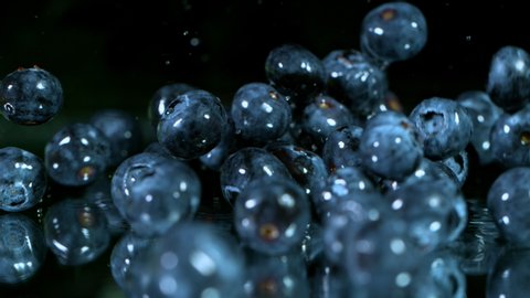 Super Slow Motion Shot of Fresh Blueberries Falling into Water and Splashing at 1000fps.
