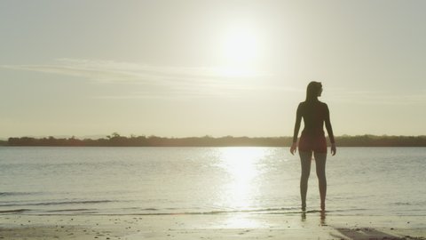 Pan across woman model standing on a beach in silhouette with lake in the background in Australia.Wide shot on 4k RED camera.