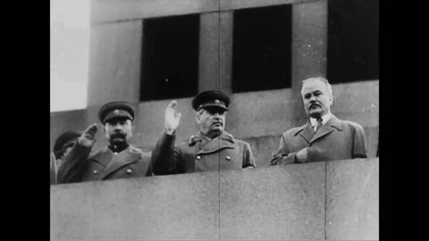 CIRCA 1950s - Joseph Stalin oversees a May Day military parade in Red Square.