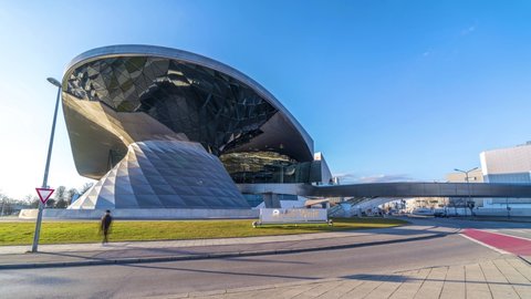 Munich, Germany - mart 2020 : Munich BMW world, The BMW Welt is a combined exhibition, delivery, adventure, museum and event venue, located next to the Olympic Park Time lapse Hyperlapse video.