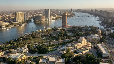 Cairo city skyline. River Nile and Gezira island. Aerial view.
