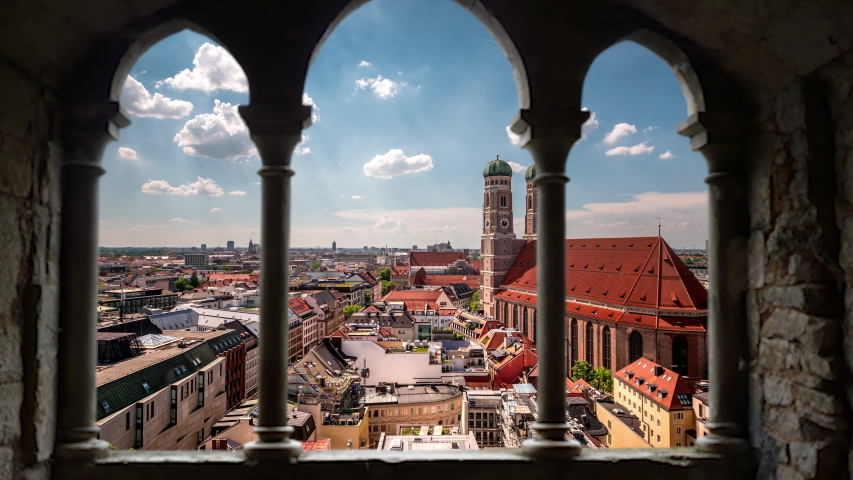 Munich skyline view from top from old balcony germany time lapse video. Royalty-Free Stock Footage #1047419389