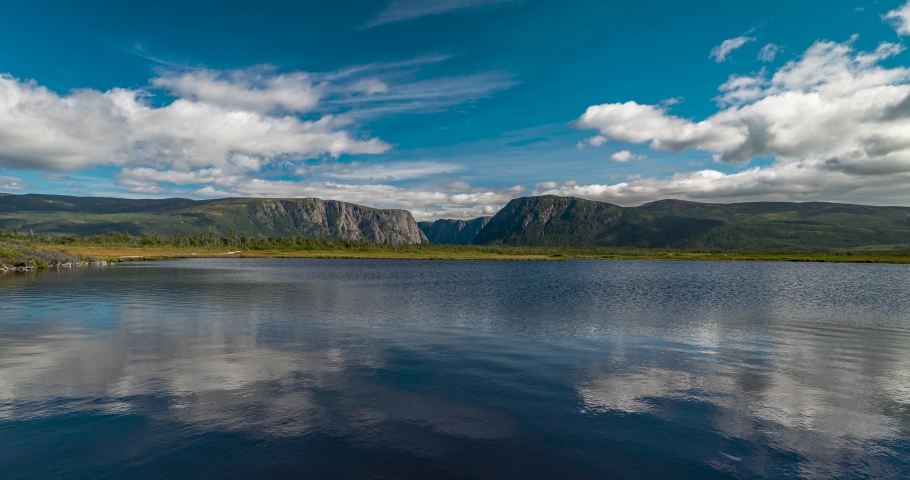 Gros Morne National Park, Newfoundland, Canada. Time lapse of western brook pond mountains in the background with Jerry