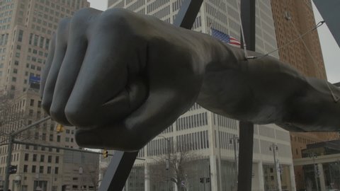 Detroit, MI - Circa 2017: Joe Louis Fist Dolly Shot in Downtown Detroit Michigan
