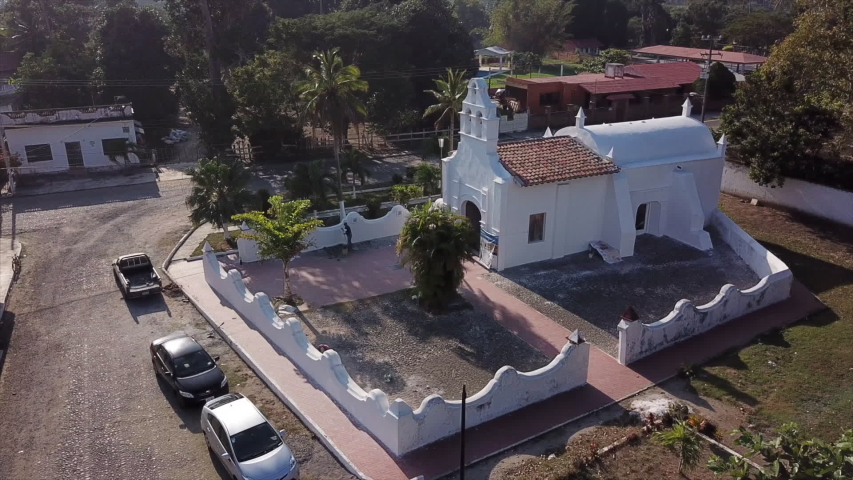 Aerial view of the first Catholic church in the continental Americas, La Ermita del Rosario was constructed by Hernán Cortés in La Antigua, Veracruz, Mexico in the first quarter of the 16th century.