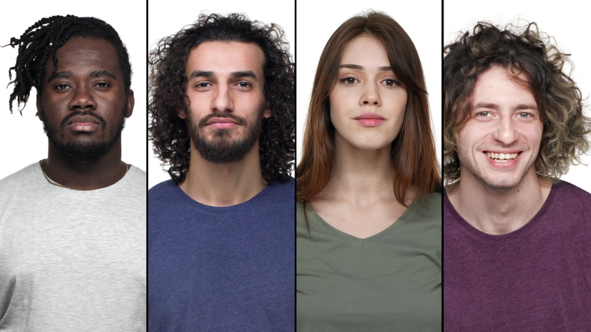 Multi-ethnic split collage of laughing men and woman, team members joking and giggle from funny story, looking at camera carefree. Group of diverse people showing positive emotions