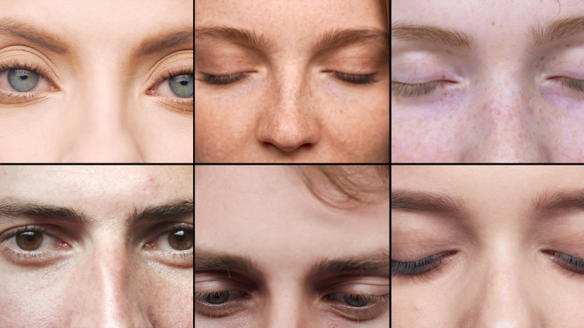 Multiscreen diverse collage of men and women eyes close-up, smiling at camera, looking you. Caucasian group of people, different eye color grinning with gaze, lifestyle and connection concept | Shutterstock HD Video #1047436537