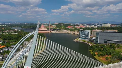 Aerial View Top Of Seri Wawasan Bridge Putrajaya And Floating Putra Mosque With Beautiful Perfect Sky Cinematic 4K Footage