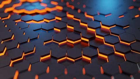 Abstract of futuristic black surface honeycom hexagon pattern with orange light. Moving Lush Lava futuristic  backgound. 4K 3D loop animation