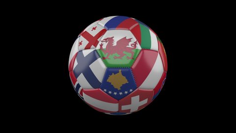 Europe flags on soccer ball rotating on transparent, 4k footage with alpha, loop 