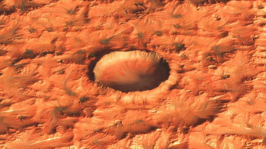 Fly over mars crater, zoom in