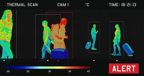View of a screen showing video from thermal imaging camera, detecting elevated body temperature of people walking in the airport or train station. Coronavirus spread control