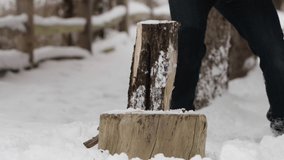 Axe Chopping Wood In Super Slow Motion In Winter By Lumberjack Man 