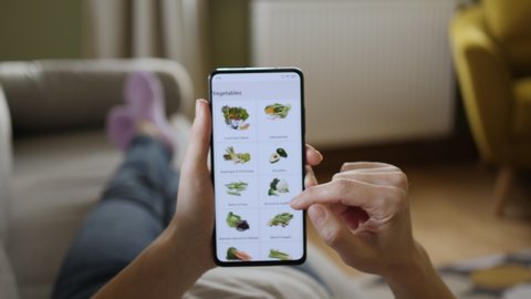 Woman at Home Lying on Couch in Living Room Using Smartphone Buys in Internet Shop. Woman Orders Food Home In An Online Store Using a Smartphone. Female Selects Vegetables in Grocery Online Store. POV, videoclip de stoc