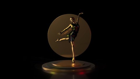 3D Golden ballerina poses on golden pedestal isolated on black background with mirror, 3D Rendering Animation.