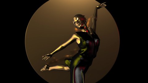 3D Golden ballerina poses on black background with mirror, 3D Rendering Animation.