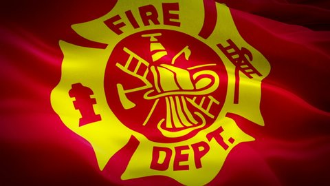 Fire department waving flag. Rescue squad 3d EMERGENCY Fire protection SERVICE flag waving. Sign of fire station seamless loop animation. Emergency firefighting flag HD resolution Background Responder