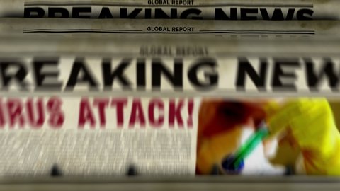 Virus attack breaking news – newspaper printing animation. Danger warning in retro paper media press production abstract concept.