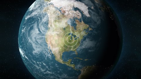 Planet Earth, seen from space, zooming in and centering on Chicago, Illinois, USA. 3D computer generated animation.