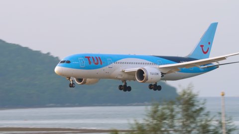 PHUKET, THAILAND - NOVEMBER 30, 2019: TUI Airways Boeing 787 Dreamliner G-TUII approaching before landing at Phuket airport