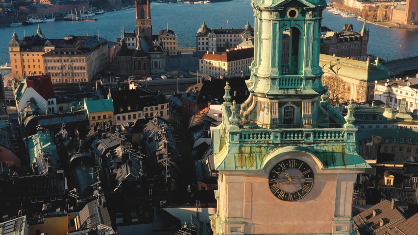 STOCKHOLM, SWEDEN - FEBRUARY, 2020: Aerial view of cathedral in Stockholm old city centre Gamla stan.