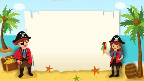 Illustration cartoon footage video of pirates boy & girl with empty map backside on beach background.