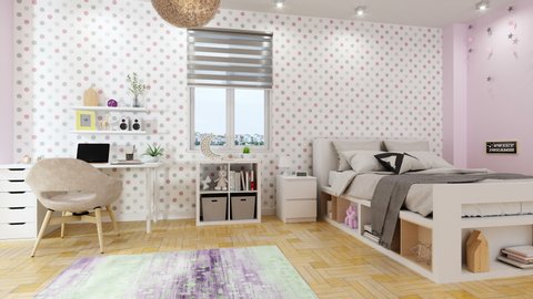 Pink Girl's Bedroom Interior - 3d Rebdering