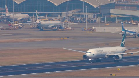HONG KONG - NOVEMBER 10, 2019: Cathay Pacific Boeing 777 B-HNH departure from Hong Kong