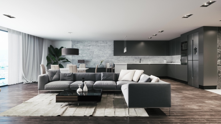 Modern living room with a large sofa. Large living room with kitchen | Shutterstock HD Video #1047480064