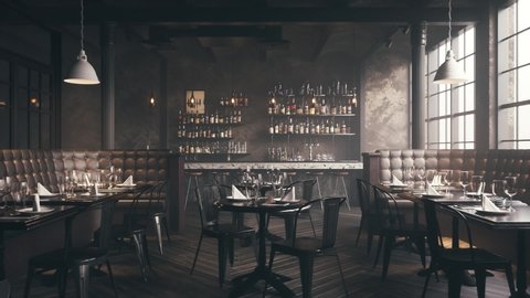 Restaurant Bar Interior. Stylish loft style pub. Bar counter in an empty restaurant.  Realistic 3d visualization.