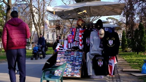 Belgrade / Serbia - February 22, 2020: Souvenir shop stall in Kalemegdan Park at Belgrade fortress