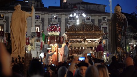 Catania, Sicily, Italy. February 5, 2020. Scene from S. Agatha, the most important religious fest of Catania. Citizens and tourists taking photo of the Vara with Agatha