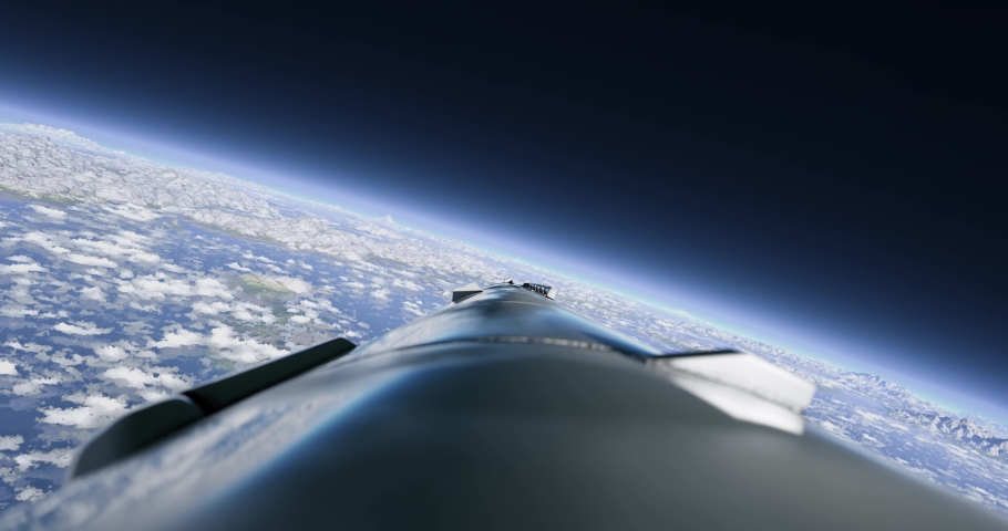 Rocket fuel tank separation flying after launch animation. Daylight. Realistic cinematic 4k animation. Space rocket flying into orbit. Camera mounted on the body of the rocket and filming backwards. Royalty-Free Stock Footage #1047506002
