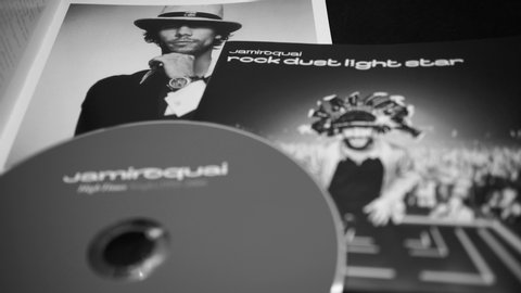 Rome, February 17, 2020: Collection of covers and cd of British musical group JAMIROQUAI. They win a Grammy Awards for the best video of the year in 1997 with Virtual Insanity