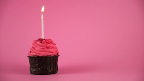 Animation cupcakes tracking shot in pink background. Festive cupcake with cherry cream and burning candle moving cupcake in video. Concept of a holiday and a birthday one year old. - Powered by Shutterstock - Get 15% off with code: PIKWIZARD15