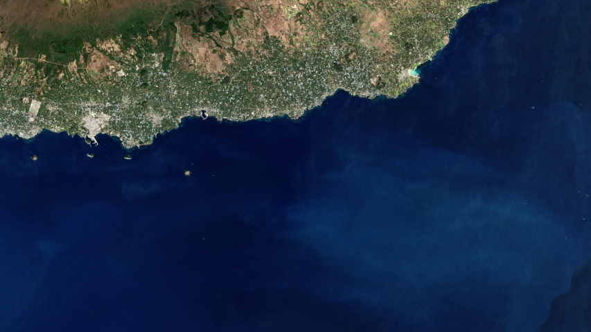 Volcanic island Jeju South Korea, aerial satellite view animation moving waves in the sea. Images furnished by Nasa