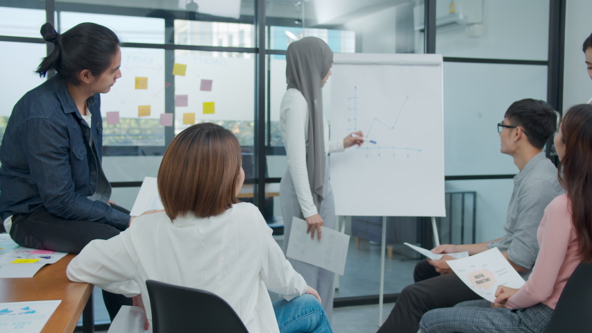 Young asian muslim presenting data results sale marketing on board in office. Asia woman show forcast plan and ideas to business partner or colleagues group enjoy teamwork in small office Royalty-Free Stock Footage #1047513712