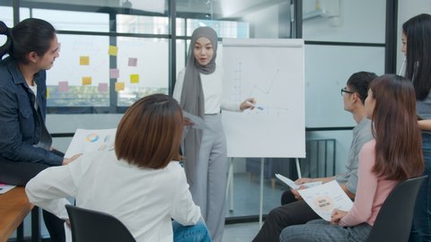 Young asian muslim presenting data results sale marketing on board in office. Asia woman show forcast plan and ideas to business partner or colleagues group enjoy teamwork in small office