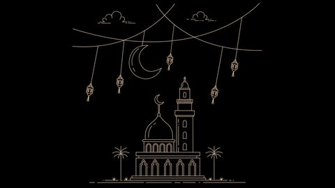 celebrations in the month of Ramadan with decorative lantern lights and mono line style mosques.