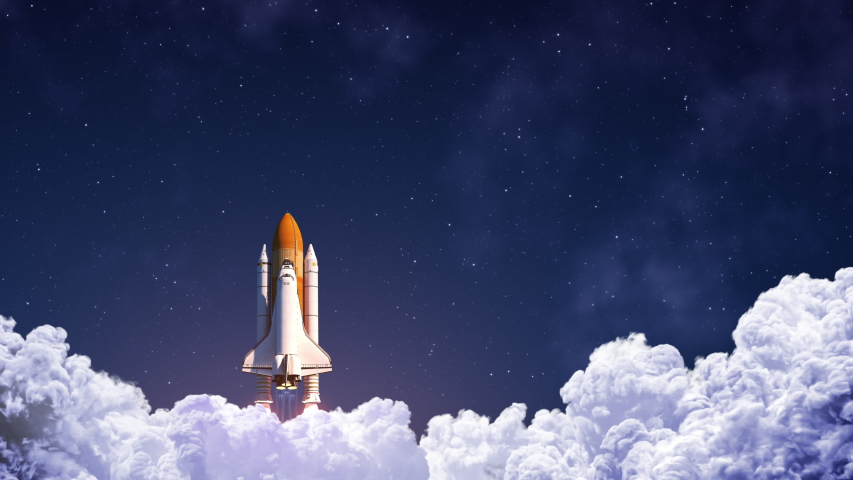 Space Shuttle Launch On Background Of Blue Sky. Slow Motion. 4K. 3840x2160. UHD. 3D Animation. Royalty-Free Stock Footage #1047538510
