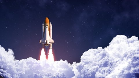 Space Shuttle Launch On Background Of Blue Sky. Slow Motion. 4K. 3840x2160. UHD. 3D Animation.