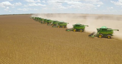 Chapadão do Sul, Mato Grosso do Sul, Brazil, February 27, 2020: Agriculture, beautiful positioning of degrading agricultural machinery during the soybean harvest in Brazil - Agribusiness